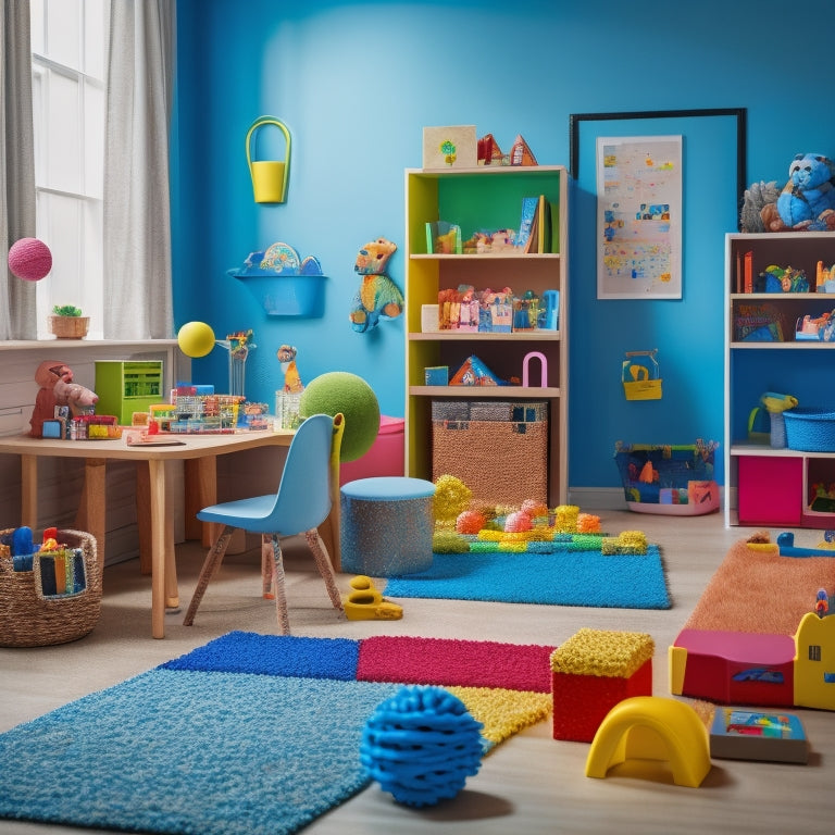 A colorful, clutter-free playroom with assorted toys and tools: puzzles, building blocks, sensory balls, and a child-friendly laptop, arranged to convey inclusivity and support for diverse learning needs.