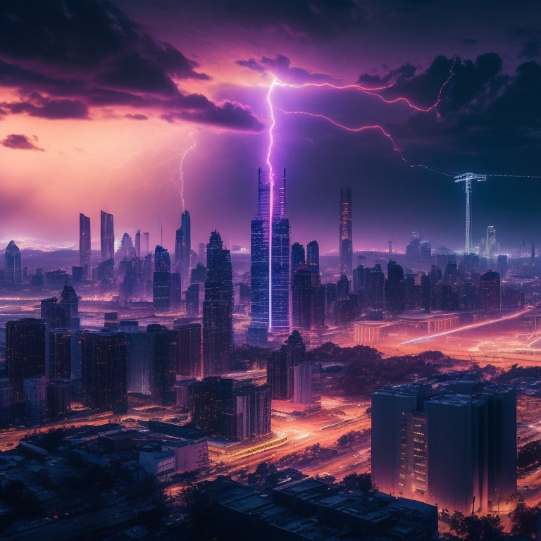 A futuristic cityscape at dusk with neon-lit skyscrapers, power lines, and electrical towers, surrounded by swirling clouds of electrified particles and bolts of lightning illuminating the dark sky.