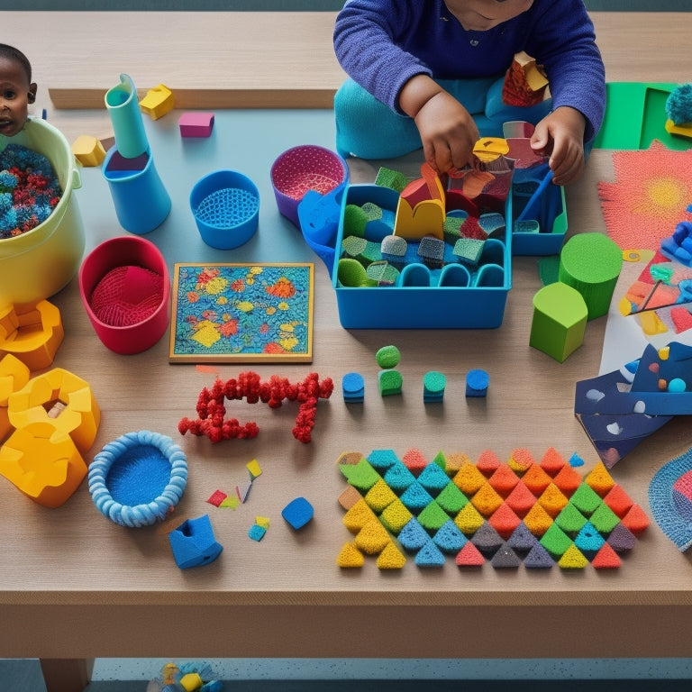 A colorful, clutter-free table scattered with various math manipulatives, including brightly hued pattern blocks, wooden number lines, a geometric shape sorter, and a few curious, engaged children's hands.