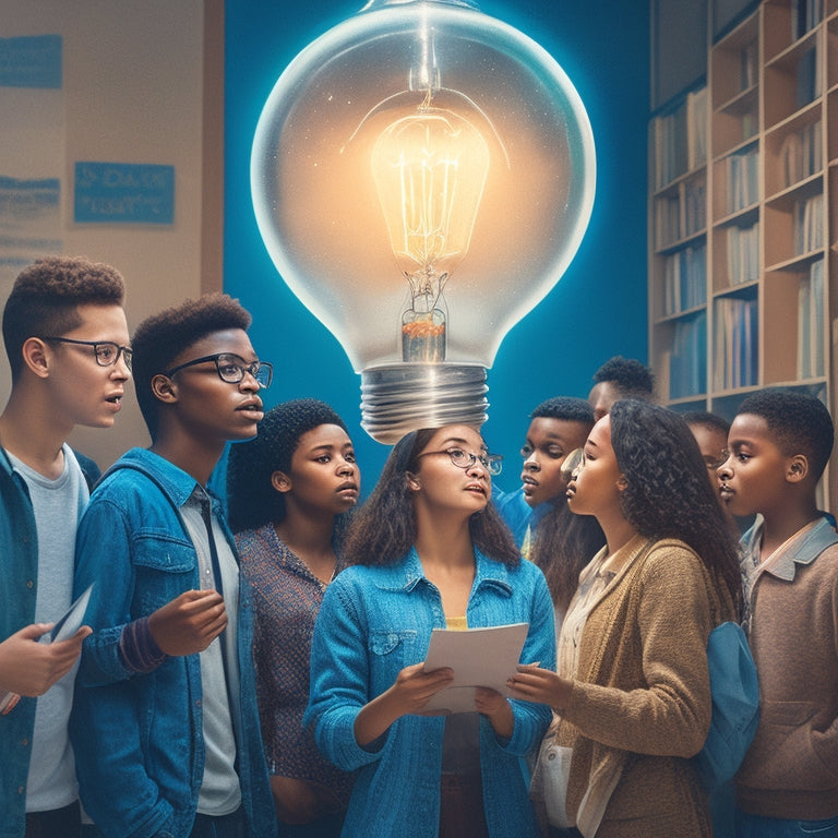 A vibrant illustration of a diverse group of upper-grade students standing together, looking up at a giant lightbulb with glowing rays, surrounded by scattered books, pencils, and open lockers.