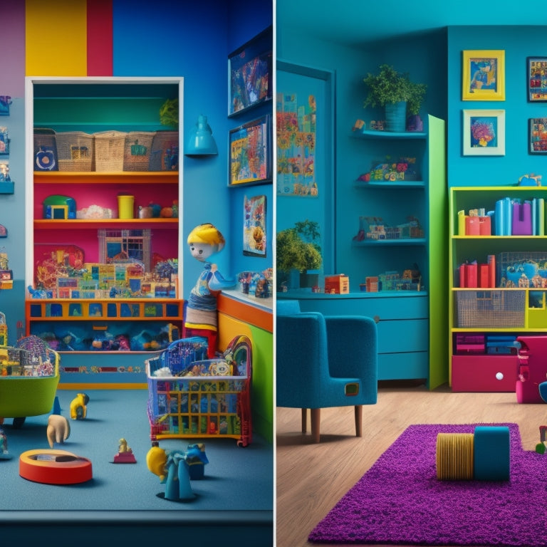 A colorful and vibrant illustration depicting a split-screen scene: on one side, a cluttered toy store with traditional toys, and on the other, a modern, minimalist playroom with educational toys and kids engaged in STEM activities.