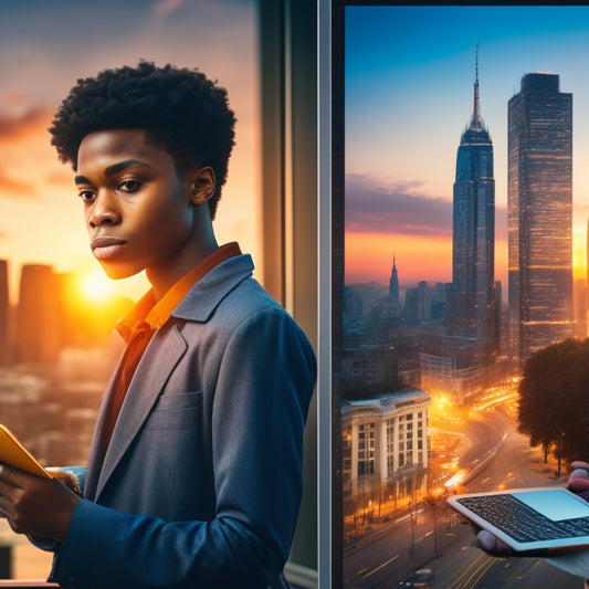 A split-screen image featuring a high school student holding a tablet with a cityscape of coding skyscrapers on the screen, surrounded by scattered math and science formulas, versus a real-world cityscape at sunset.