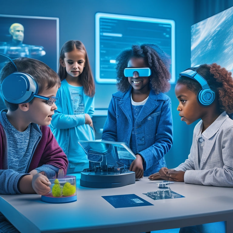 A futuristic, high-tech virtual classroom with diverse kids (ages 8-12) engaged in STEM activities, surrounded by holographic projections, robots, and virtual reality headsets, with a subtle, gradient blue background.