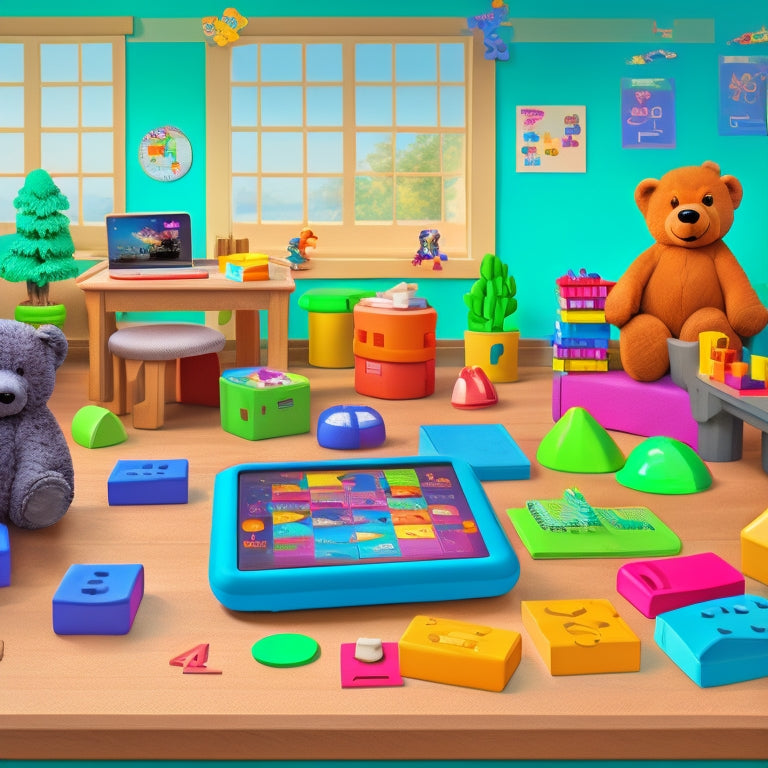 A colorful illustration of a kindergarten classroom with digital devices, such as tablets and laptops, displaying interactive math games and apps, surrounded by blocks, counting bears, and other manipulatives.