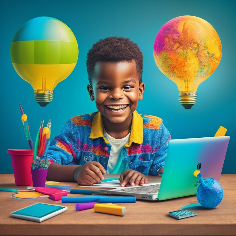 A colorful illustration of a smiling child sitting in front of a laptop, surrounded by math-related objects, such as a globe, geometric shapes, and a calculator, with a lightbulb above their head.
