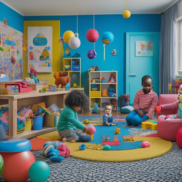 A colorful, clutter-free playroom with a mix of toys, including puzzles, stacking blocks, and sensory balls, surrounded by happy, diverse children engaged in playful learning activities.