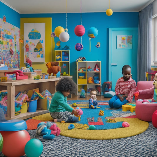 A colorful, clutter-free playroom with a mix of toys, including puzzles, stacking blocks, and sensory balls, surrounded by happy, diverse children engaged in playful learning activities.