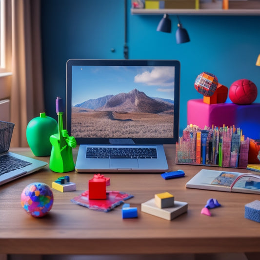 A colorful, clutter-free desk with a laptop, a few educational toys, and a tablet displaying a online course platform, surrounded by scattered building blocks and a miniature globe.