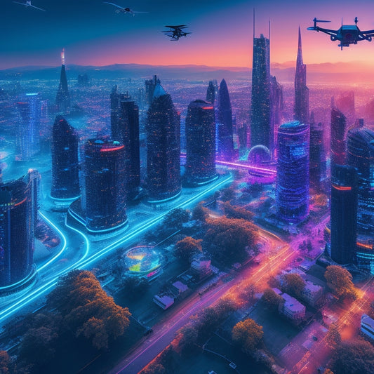 A futuristic cityscape at dusk with sleek skyscrapers, neon lights, and holographic advertisements, surrounded by flying drones, robots, and virtual reality headsets, amidst a swarm of colorful, swirling circuits.