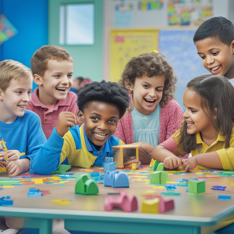 A colorful illustration of a cheerful 2nd-grade classroom with puzzles and brain teasers scattered on tables, a smiling teacher in the background, and a few curious students gathered around a solved puzzle.