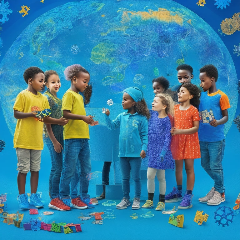 A vibrant illustration of a diverse group of children (ages 6-12) gathered around a large, glowing puzzle piece, surrounded by thought bubbles, gears, and subtle digital elements, set against a bright blue background.