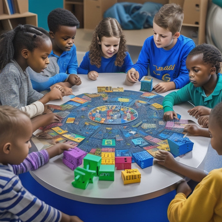 A diverse group of children, aged 8-12, gathered around a large, circular tablet, surrounded by scattered puzzle pieces, robotics parts, and colorful coding blocks, engaged in collaborative problem-solving.