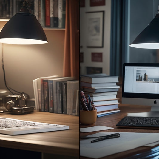 A split-screen image: a cluttered, dimly lit desk overflowing with papers and books on one side, contrasted with a sleek, modern workspace on the other, featuring a laptop and a tidy, organized chart or graph.