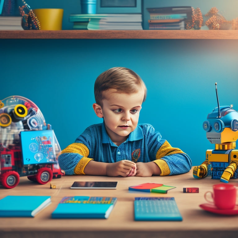 A colorful illustration of a young child sitting at a desk, surrounded by coding books and a laptop, with a thought bubble containing a robot, gears, and coding symbols.