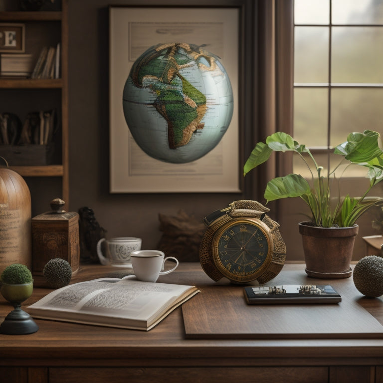 A warm and cozy home office with a laptop, tablet, and books on a wooden desk, surrounded by a globe, a plant, and a framed chalkboard with a subtle background of a world map.