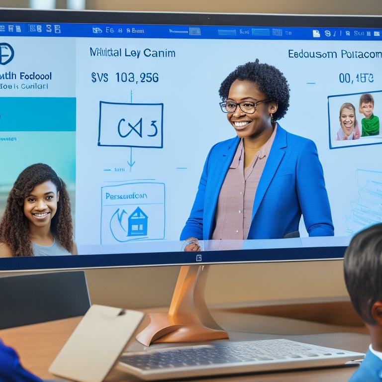 A laptop screen displaying a virtual classroom with a math equation-filled whiteboard, surrounded by college-aged students' avatars, with a subtle college campus background and a faint graduation cap icon.