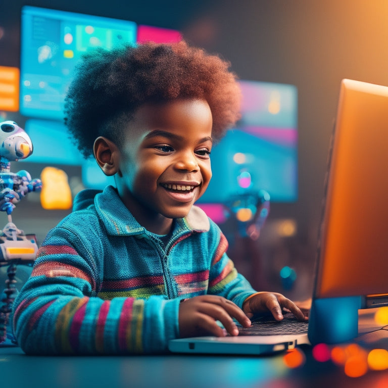 A bright, colorful illustration of a smiling kid sitting in front of a laptop, surrounded by coding blocks, robots, and futuristic gadgets, with a subtle cityscape or futuristic background.