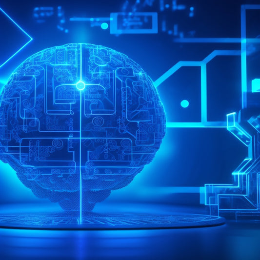 A futuristic brain with glowing blue circuits and pulsing neurons, surrounded by orbiting digital screens displaying puzzles, mazes, and logic games, set against a dark blue background with subtle binary code patterns.