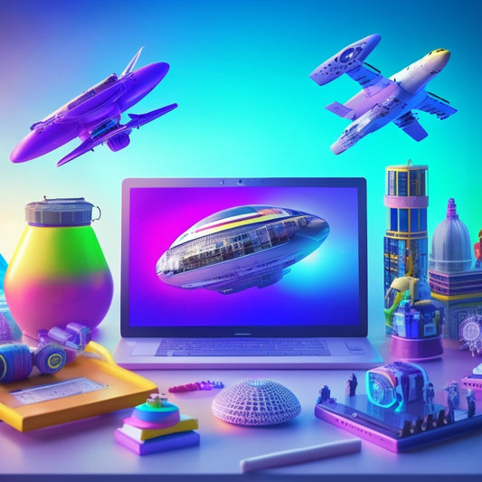 A colorful, futuristic illustration of a virtual classroom with laptops, tablets, and smartphones displaying various educational apps, surrounded by orbiting icons of gears, robots, and clouds.