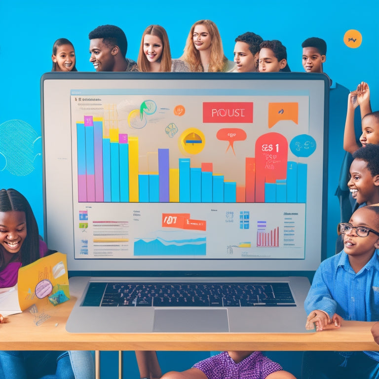 A colorful, minimalist illustration of a laptop screen displaying a math problem, surrounded by diverse, excited students' faces and thought bubbles filled with math symbols, formulas, and graphs.