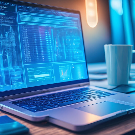 A futuristic, sleek, and modern illustration featuring a magnifying glass zoomed in on a laptop screen displaying a Google AdWords dashboard, surrounded by subtle digital circuitry patterns and faint glowing blue lines.