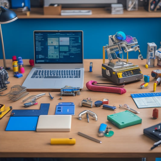 A cluttered high school desk with various STEM toys and tools, including a robot arm, a circuit board, a microscope, a 3D printed model, and a laptop with coding screens open.