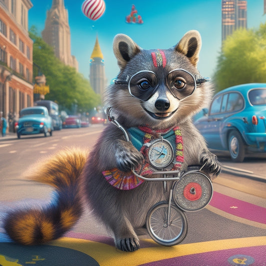 A whimsical illustration depicting a cheerful, energetic raccoon wearing a stopwatch necklace, surrounded by swirling math symbols, colorful number bubbles, and a subtle cityscape background with speeding cars and bicycles.