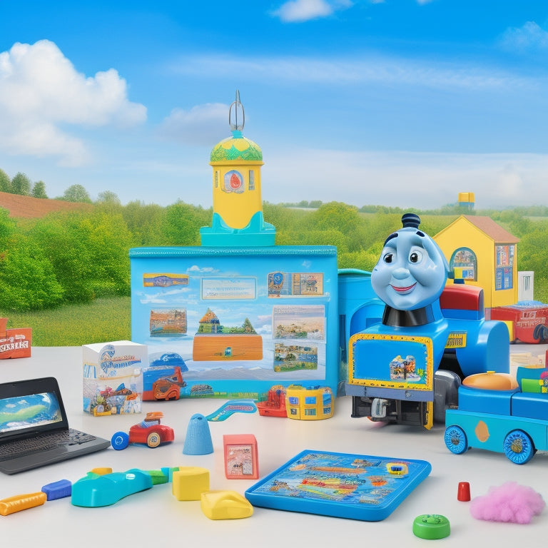 A colorful, lively scene featuring Thomas the Tank Engine and friends surrounded by various LeapFrog learning toys, including tablets, laptops, and educational games, set against a bright blue background with fluffy white clouds.