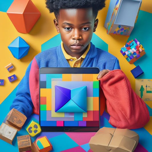 A colorful illustration of a young student surrounded by various math-themed objects like blocks, shapes, and a geometric puzzle, holding an iPad with a math app open on the screen.