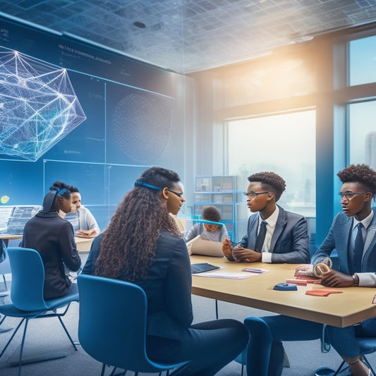 A futuristic classroom with holographic math equations and shapes floating above desks, surrounded by diverse students wearing VR headsets, interacting with virtual manipulatives and 3D graphs.