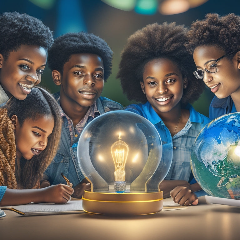 A vibrant illustration of a diverse group of students from different age ranges and abilities, gathered around a globe, with lightbulbs and gears surrounding them, symbolizing innovation and learning.