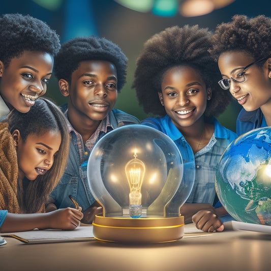 A vibrant illustration of a diverse group of students from different age ranges and abilities, gathered around a globe, with lightbulbs and gears surrounding them, symbolizing innovation and learning.