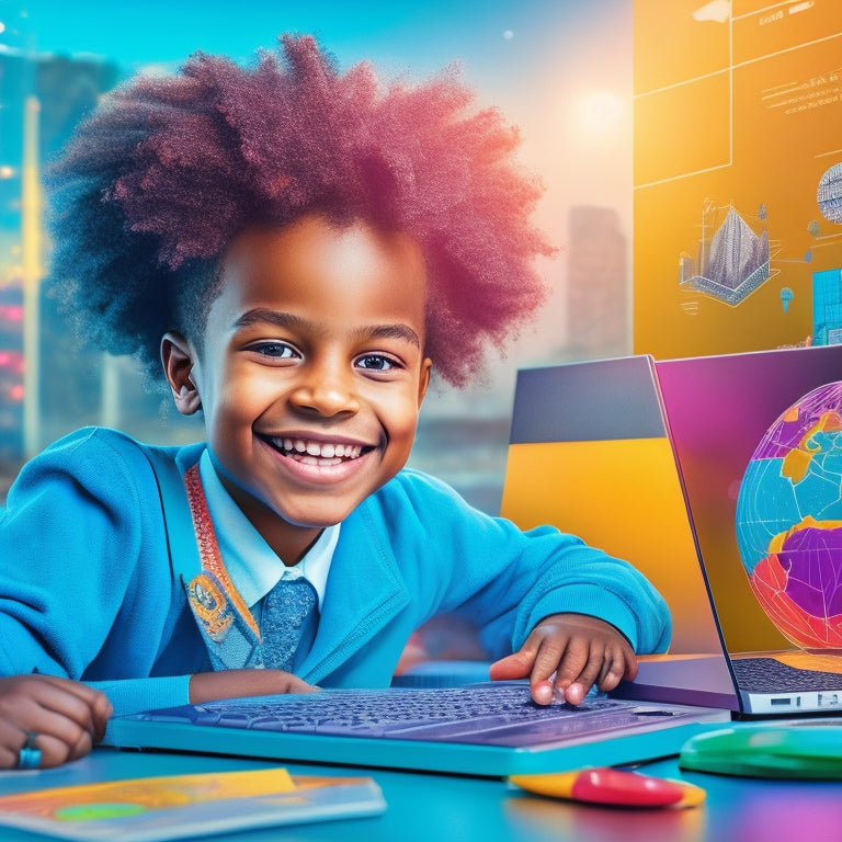 A colorful illustration of a smiling 3rd-grade student sitting in front of a laptop, surrounded by math-related icons (e.g. numbers, shapes, and graphs) with a cityscape or futuristic background.