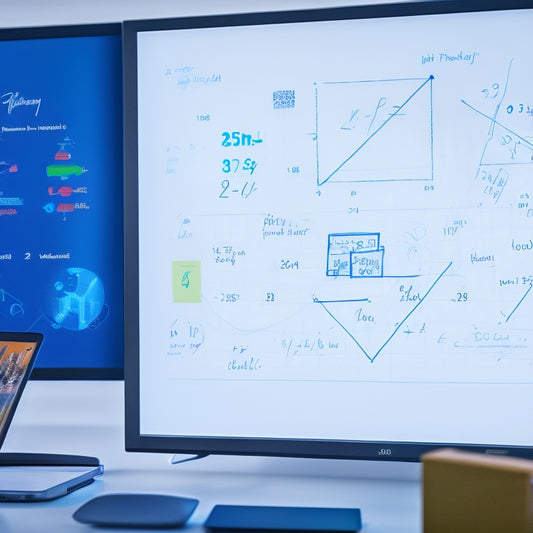 A digital whiteboard with colorful math problems and scribbled notes, surrounded by laptops and tablets with virtual manipulatives, amidst a subtle background of coding lines and geometric shapes.