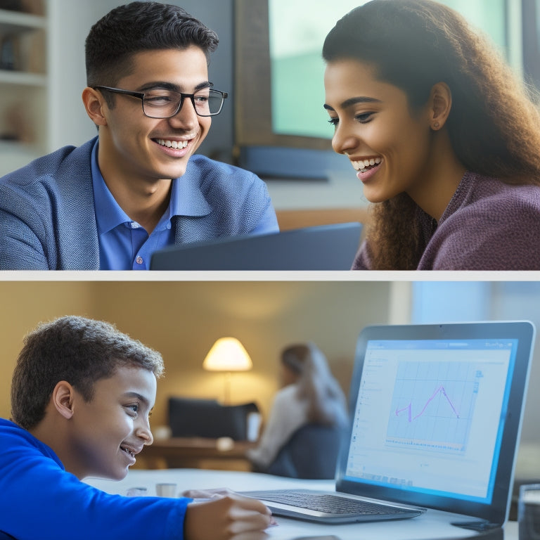 A split-screen image featuring a high school student sitting at a desk with a laptop open to a virtual whiteboard, alongside a smiling tutor gesturing to a complex math problem on the screen.