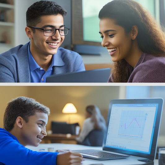 A split-screen image featuring a high school student sitting at a desk with a laptop open to a virtual whiteboard, alongside a smiling tutor gesturing to a complex math problem on the screen.