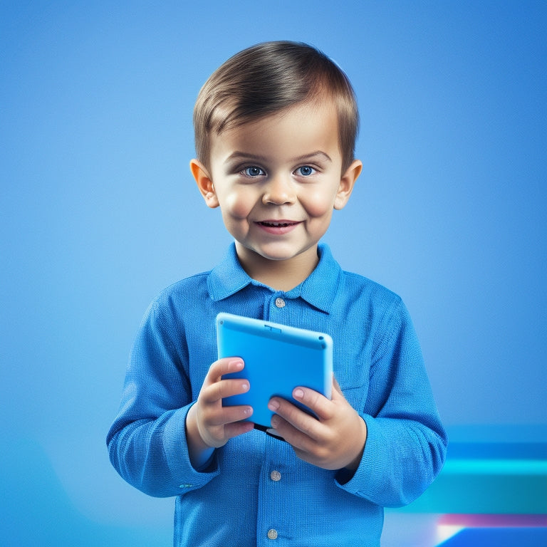 A colorful illustration of a young child holding a tablet, surrounded by floating icons of educational apps, with a subtle glow effect on the tablet screen, set against a soft, gradient blue background.