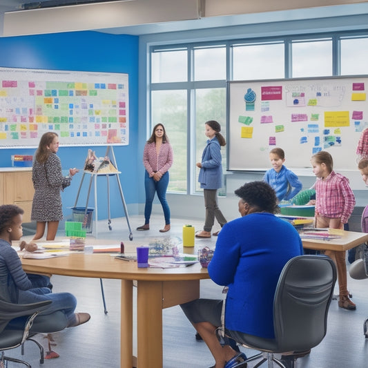 A colorful, clutter-free classroom with students gathered around a large, interactive anchor chart on an easel, filled with movable icons, sticky notes, and strings connecting related ideas.
