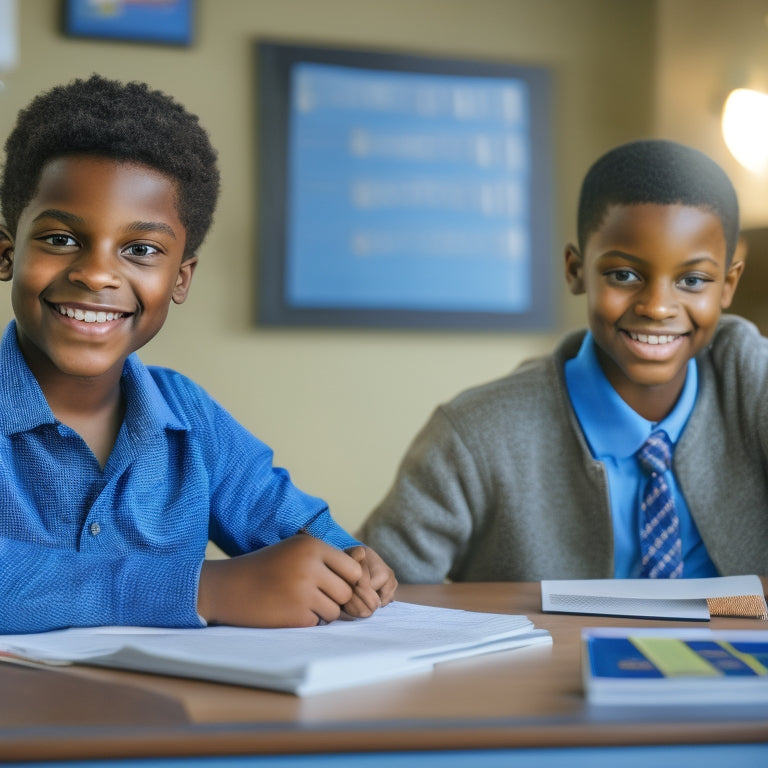 A smiling 6th-grade student sitting at a desk, surrounded by math textbooks and worksheets, with a confident tutor standing beside them, pointing to a solved math problem on the blackboard.