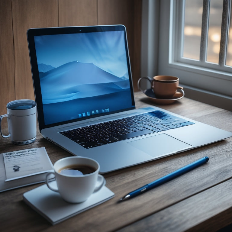 A sleek, silver MacBook laptop on a wooden desk, surrounded by scattered notebooks, pens, and a cup of coffee, with a subtle background gradient of blues and whites, evoking a sense of learning and productivity.