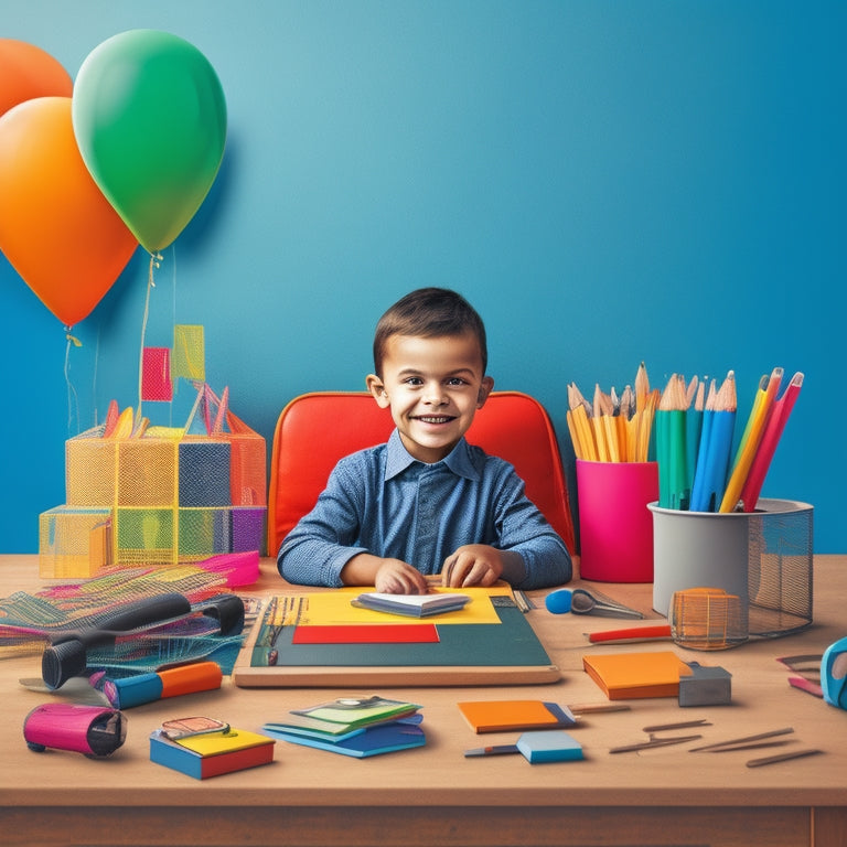 A colorful illustration of a happy, curious child sitting at a desk surrounded by scattered traditional math tools (pencils, papers, calculators) with a tablet or laptop open to a digital math platform in the center.