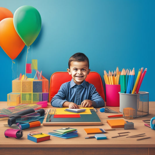 A colorful illustration of a happy, curious child sitting at a desk surrounded by scattered traditional math tools (pencils, papers, calculators) with a tablet or laptop open to a digital math platform in the center.