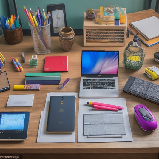 A busy, organized desk with a laptop, tablet, and smartphone, surrounded by colorful pens, notebooks, and a planner, with a subtle background of a middle school classroom or hallway.