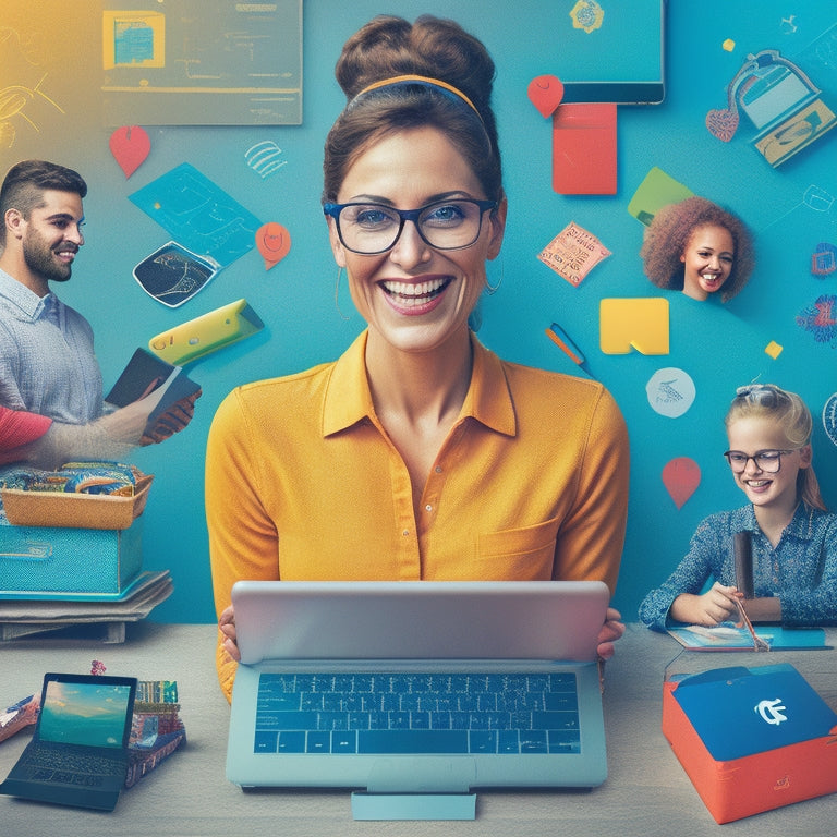 A colorful, vibrant illustration of a happy elementary teacher surrounded by digital devices, laptops, and tablets, with icons of educational apps and websites floating around them.