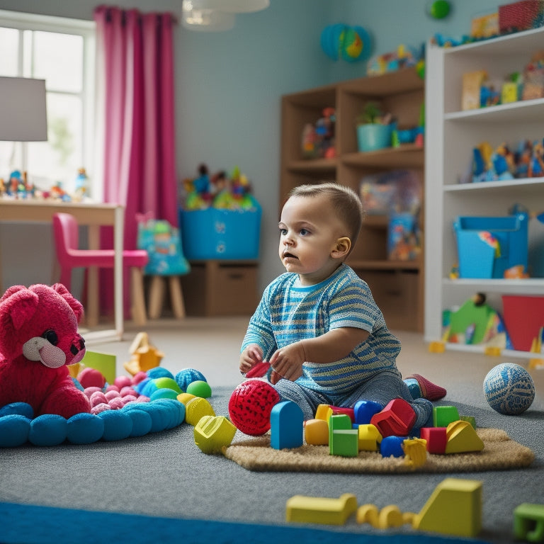 A colorful playroom scene with a toddler-aged child surrounded by educational toys, blocks, and puzzles, with a ball pit and sensory table in the background, lit by natural light.
