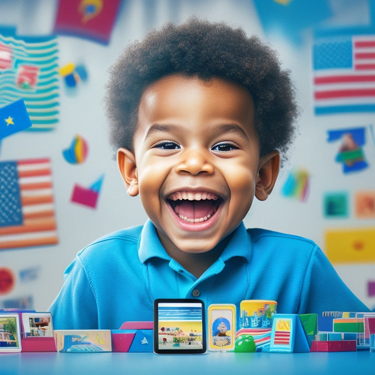 A colorful illustration of a smiling, curious child surrounded by 10 tablets, each displaying a different language learning app, with icons, flags, and animations bursting out of the screens.