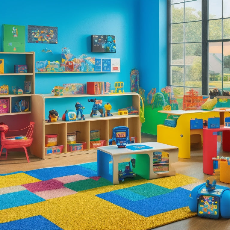 A colorful, clutter-free playroom with various tech-enriched educational toys, including a coding robot, a tablet with educational apps, and a 3D printer, surrounded by curious, diverse children aged 6-12, engaged in creative learning activities.