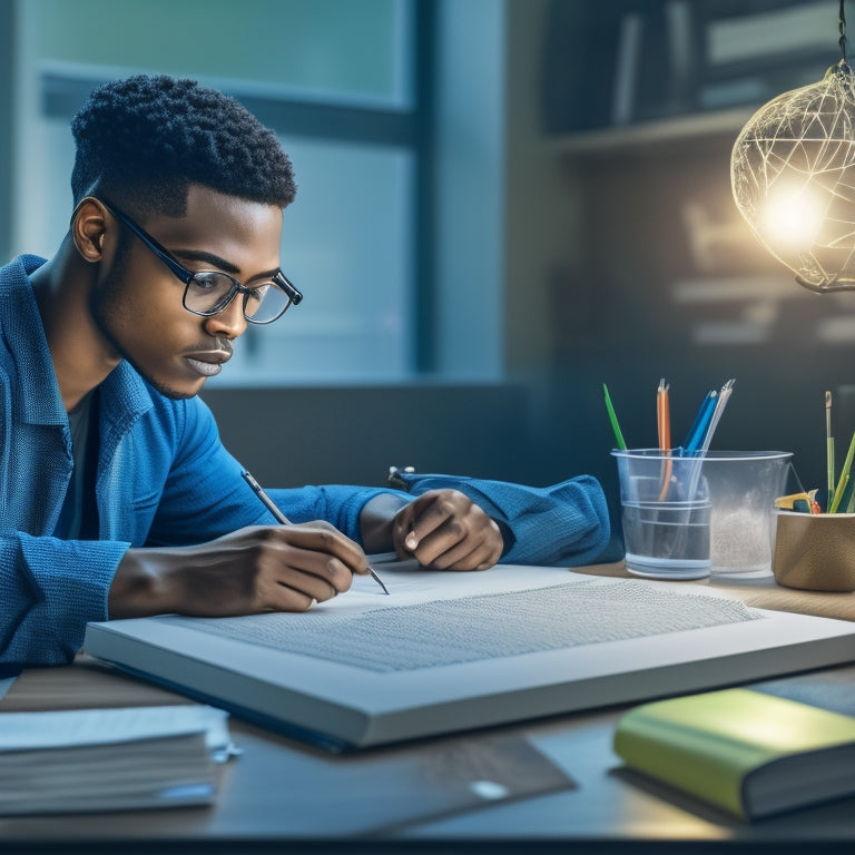 An illustration of a college student sitting at a desk, surrounded by scattered notebooks and pencils, with a laptop open to a digital textbook, and a subtle background of mathematical symbols and equations.