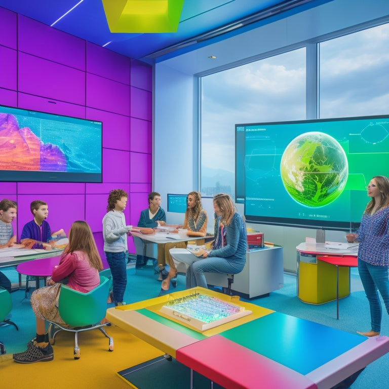 A colorful, futuristic classroom with diverse students gathered around interactive screens, manipulating 3D shapes and graphs, with virtual manipulatives and data visualization floating in mid-air.