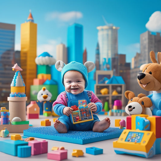 A colorful, whimsical illustration of a happy infant sitting in front of a tablet, surrounded by toys and blocks, with a virtual augmented reality cityscape unfolding from the screen, featuring cartoon animals and buildings.